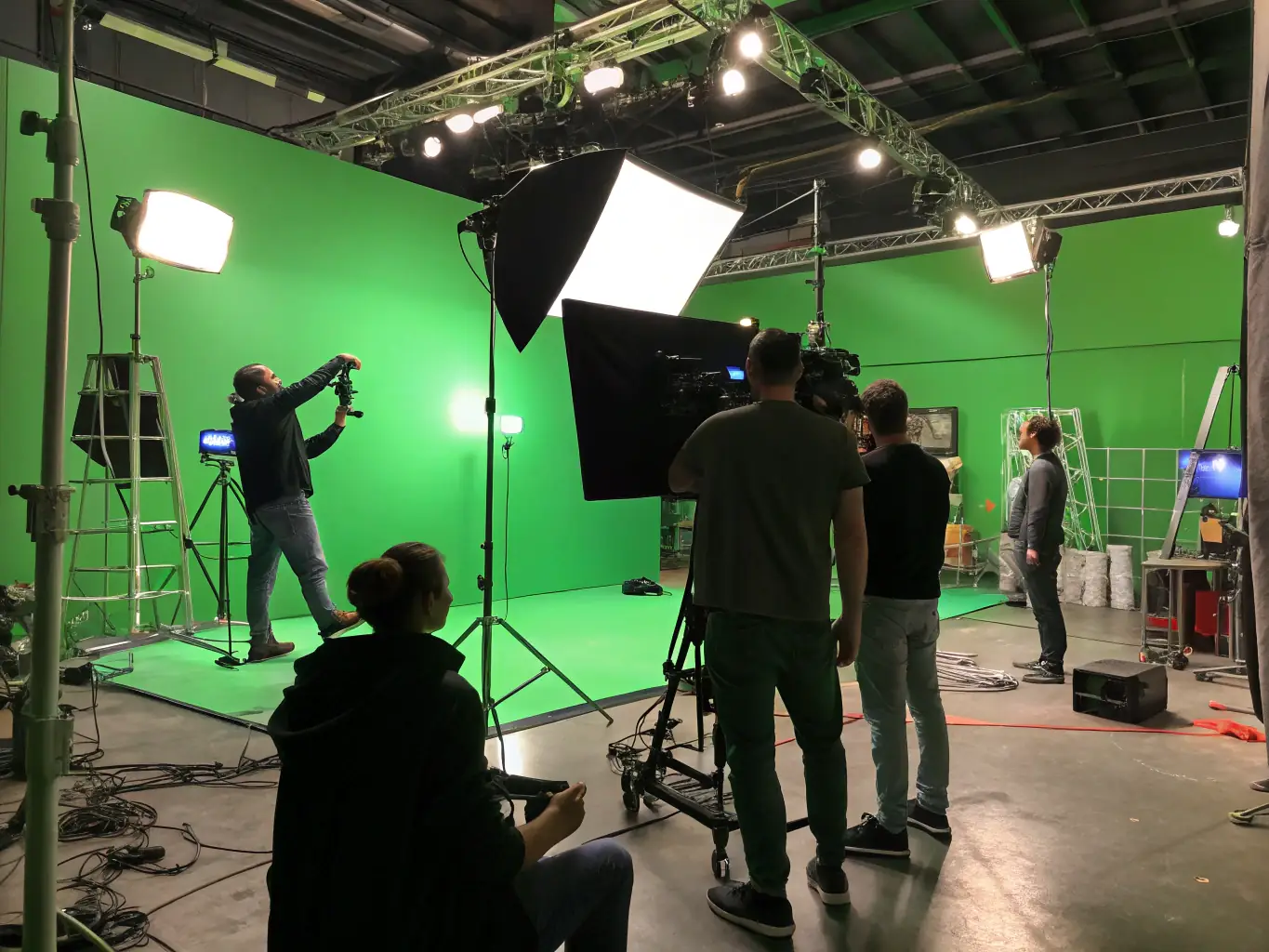 A dynamic shot of a film set with various crew members working on different aspects of production, including camera operation, lighting, and set design, showcasing the comprehensive control Cherry Hot Media has over the entire production process.